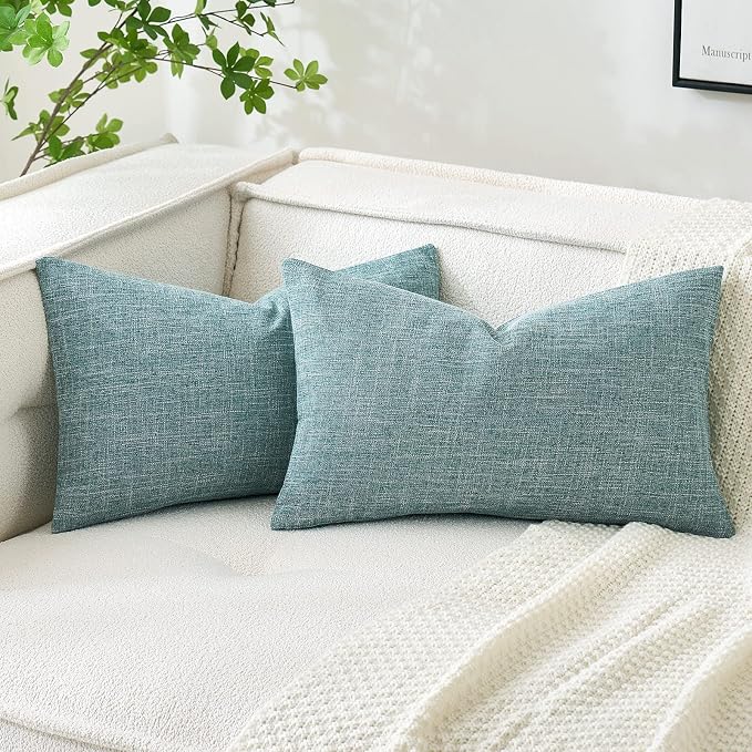 MIULEE Pack of 2 Decorative Linen Burlap Coastal Pillow Covers Farmhouse Boho Accent Pillowcases for Sofa Car Couch Bedroom Living Room Decor 12x20 Inch Teal
