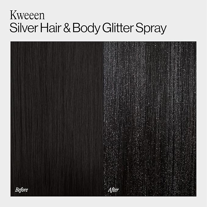 Eva NYC Kweeen Silver Hair and Body Glitter Spray Set - Original Ultra Shimmery Glitter, New Look - Adds Shine + Non-Sticky - Quick Drying Spray - Warm Vanilla Scent - Full Size + Travel Size Gift Set