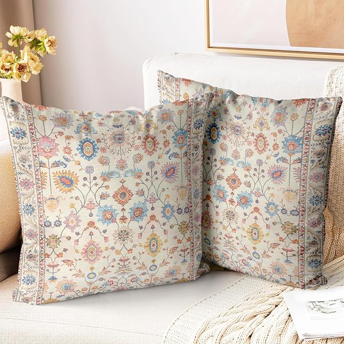 Boho Throw Pillow Covers 22x22 inch Set of 2,Soft Pillowcases Bohemia Carpet Printing Pattern Decorative Sofa Living Room Bed Square Pillow Case Cushion Cover-Flower