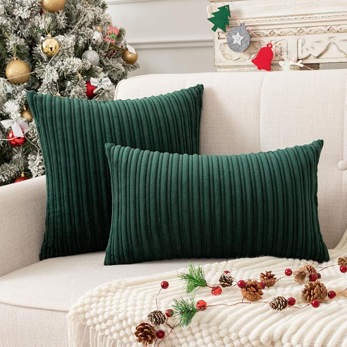 UGASA Christmas Velvet 12x20 Inch Lumbar Soft Throw Pillow Covers Decorative Striped Corduroy Both Sides Rectangular Cushion Cases Boho Farmhouse for Couch Bedroom Sofa Home, Pack of 2, Dark Green