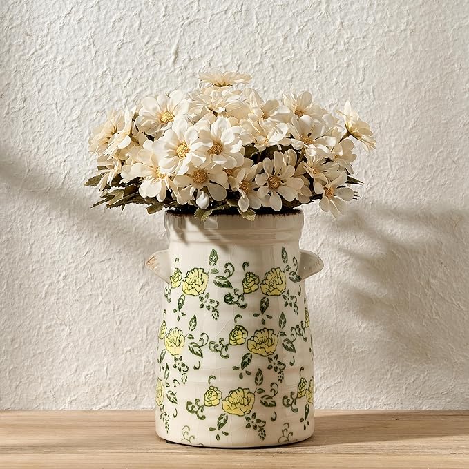 SIDUCAL Ceramic Rustic Vase with 2-Ear, 7.6 Inch Ice Cracked Vintage Pastoral Vase, Rustic Farmhouse Vases for Home Decor, Table, Living Room, Shelf Decor, Chinoiserie Decor, Yellow Rose Pattern