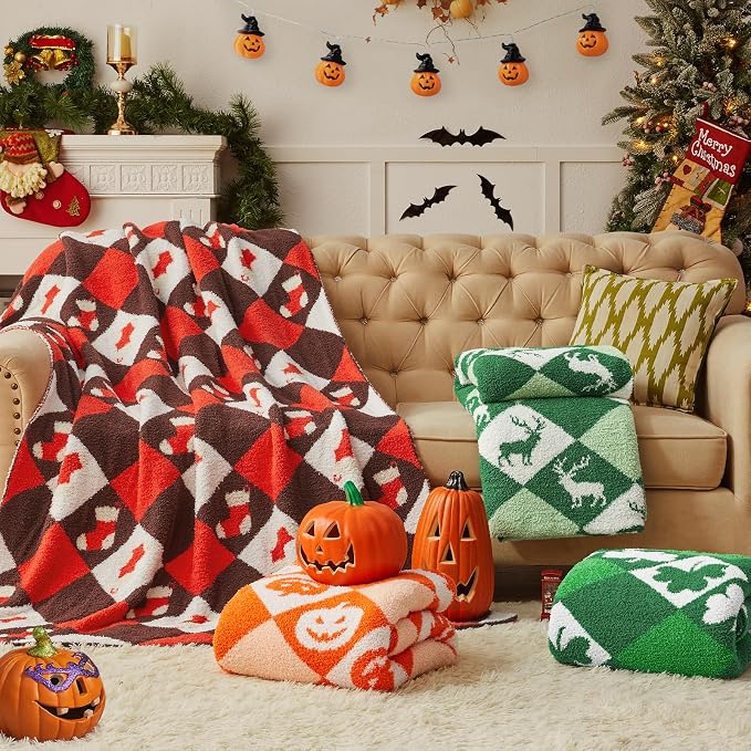 Halloween Knit Throw Blanket - Pumpkin Blanket for Couch, Soft Cozy Lightweight Fluffy Blanket for Fall Decor, 60"x80"