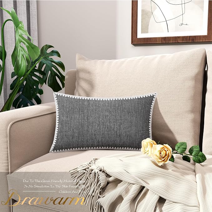 BRAWARM Chenille Throw Pillow Covers 12x20 Inches, Gray, 2 Pack | Decorative Lumbar Pillow Covers with Shell Edge, Soft Cushion Cases for Sofa Bed Living Room Home Farmhouse (No Insert)