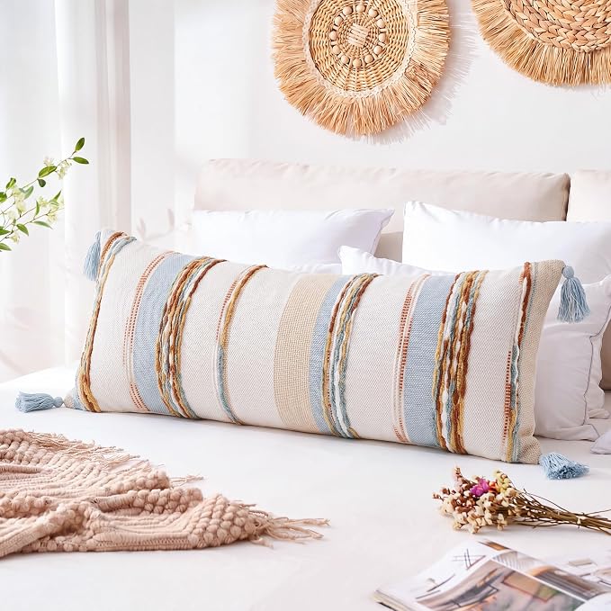 PANOD Boho Long Lumbar Throw Pillow Cover 16 x 36 Blue Brown, Chenille Morocan Extra Long Pillow Case Cover, Decorative Long Pillow for Bed Couch Sofa Farmhouse