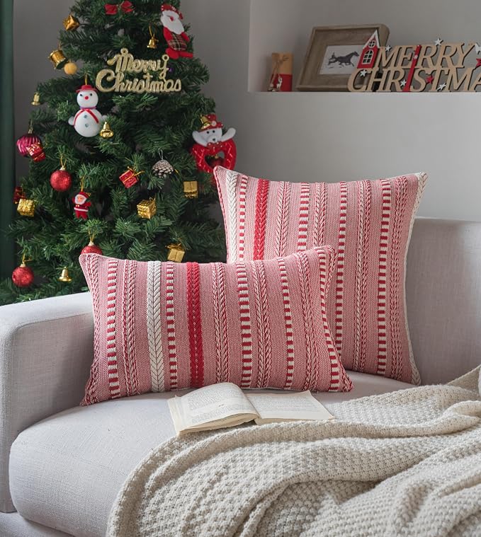 Cethom Christmas Pillow Covers 12x20 Inch Set of 2, Farmhouse Boho Christmas Decorative Couch Pillow Cases, Red Accent Pillows of Bed, Sofa Bedroom Living Room Home Decor Cushion Cover