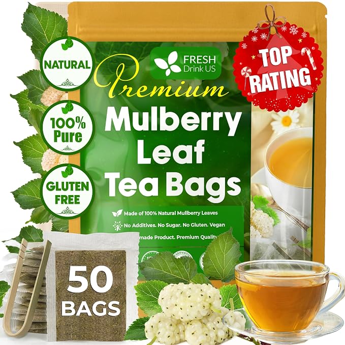 FreshDrinkUS, Premium 50 Mulberry Leaf Tea Bags, 100% Natural & Pure from Mulberry Leaves. Herbal Tea. Made with Natural Material Tea Bags. No Sugar, No Caffeine, No Gluten, Vegan.