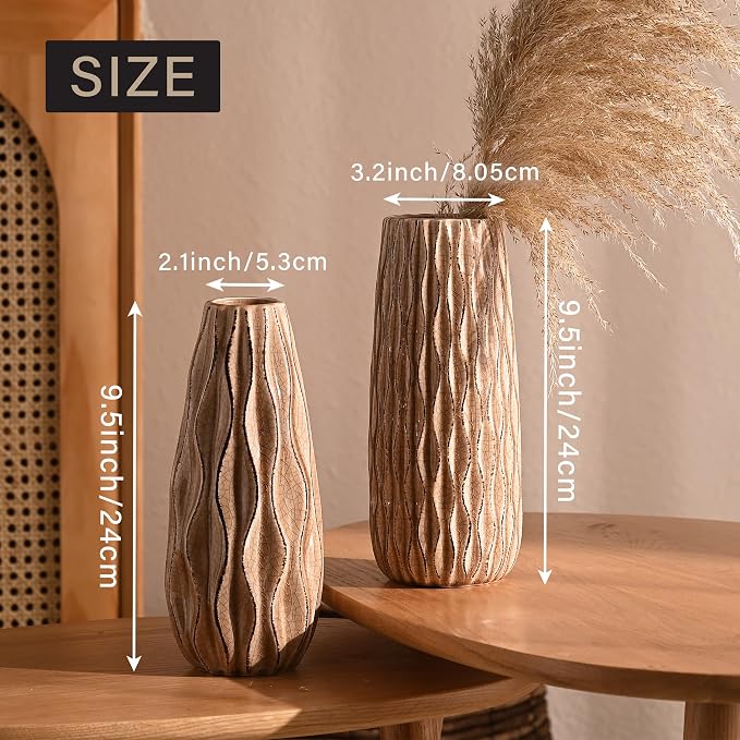 VICTOR & TERESA Ceramic Vase for Flowers, 10'' Set of 2 Decorative Rustic Beige Vases for Home Decor, Farmhouse Vases for Pampas Grass, Table, Mantel, Living Room, Shelf, Centerpieces, Gifts for Mom