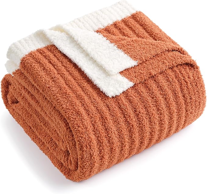 Snuggle Sac Burnt Orange Fall Throw Blanket for Couch, Fuzzy Microfiber Knit Halloween Blankets for Couch, Sofa, Travel, Burnt Orange, 50x60 inches