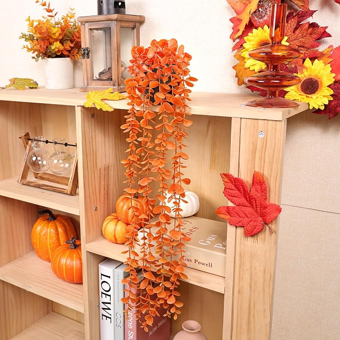 Der Rose 1Pcs Fake Fall Plants Hanging Orange Artificial Potted Faux Eucalyptus Plant Decorations for Fall Thanksgiving Bathroom Table Centerpiece Wall Kitchen Room Decor Indoor and Outdoor