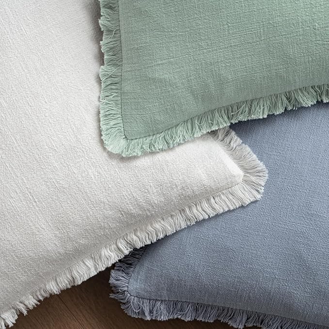 MIULEE Linen Fringe Decorative Euro Throw Pillow Covers Light Blue 26x26 | Set of 2, Cottagecore Decor, Boho Farmhouse Coastal Pillow Covers, Rustic Couch Cushion Cases for Sofa Bed Living Room
