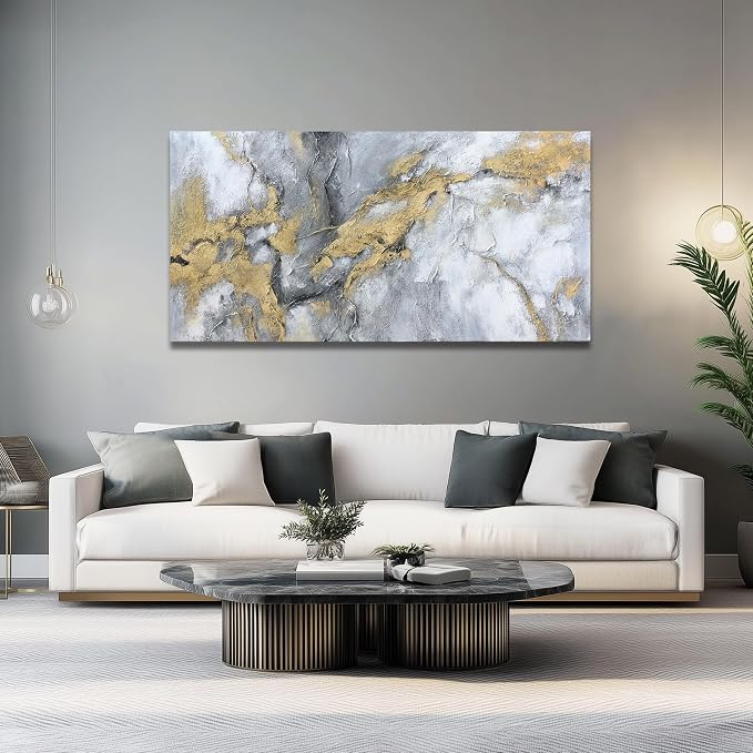 Belmrxne Abstract Art Wall Decor White and Gold Wall Art Minimalist Artwork Nouveau Canvas Painting for Living Room Kitchen Dining Room Bedroom Office 24x48 Inches