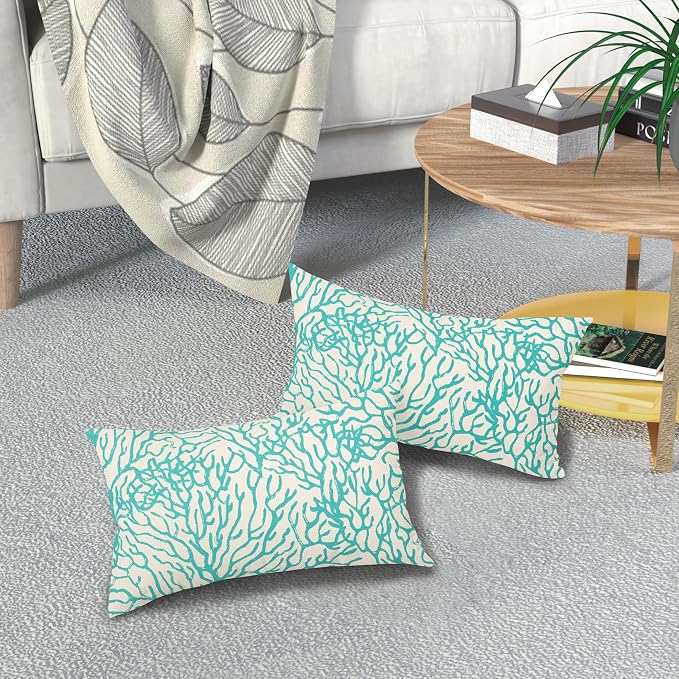 Nautical Coastal Coral Lumbar Pillow Covers 12x20 Inch Set of 2 Summer Ocean Beach Teal Turquoise Decorative Pillow Cases Outdoor Linen Cushion Cover Farmhouse Decor for Bedroom Home Sofa Couch Bed