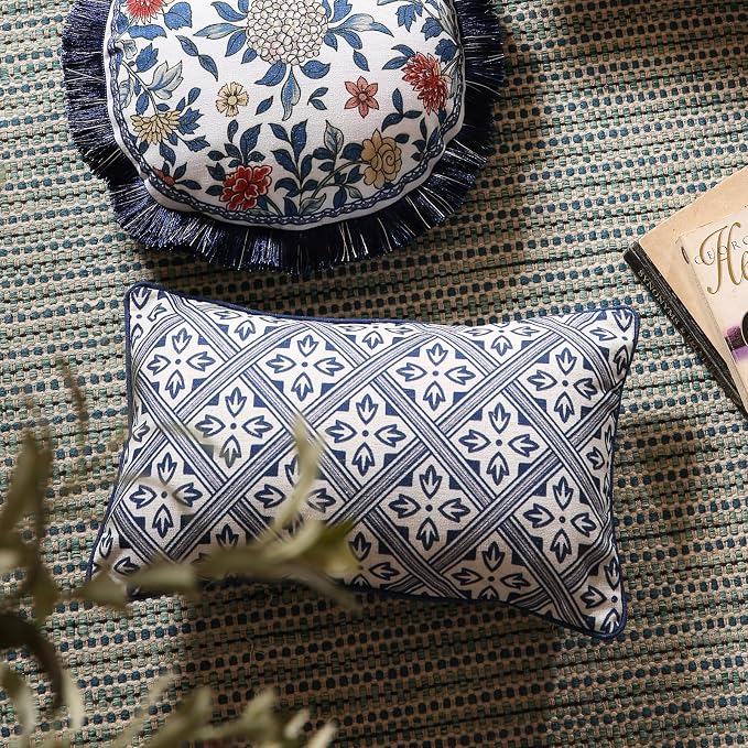 patdrea Designer French Vintage Linen Throw Pillow Cover,12"x20"-Ivar C | Decorative Pillow Case,Chinoiserie Blue Floral Print Pillow Cover for Couch Living Room Bedroom Sofa