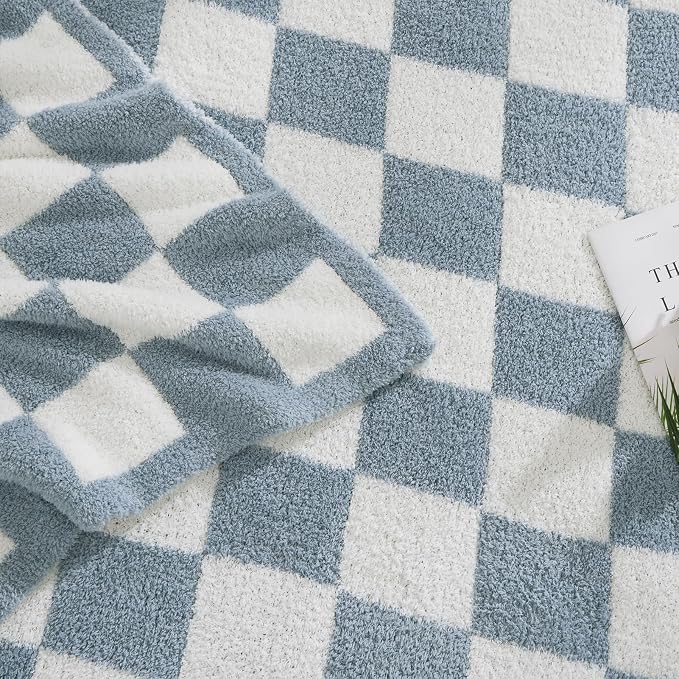 Soft Checkered Throw Blanket for Couch-Cozy Warm Knitted Blankets | Lightweight Warm Fluffy Decor for Women, Mom, Her & Girls, Sofa, Chair, Bed, 50x70in, Grey Blue