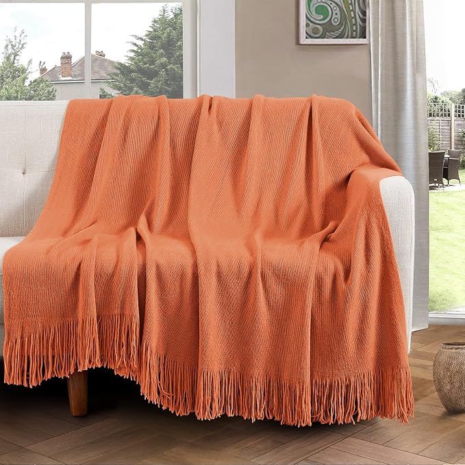 Vonty Rust Orange Knitted Throw Blanket with Tassels Fringe, 60x80 Acrylic | Super Soft And Lightweight, Year-Round Cozy Warmth, Farmhouse Decorative Style, Machine Washable, for Couch, Sofa or Bed