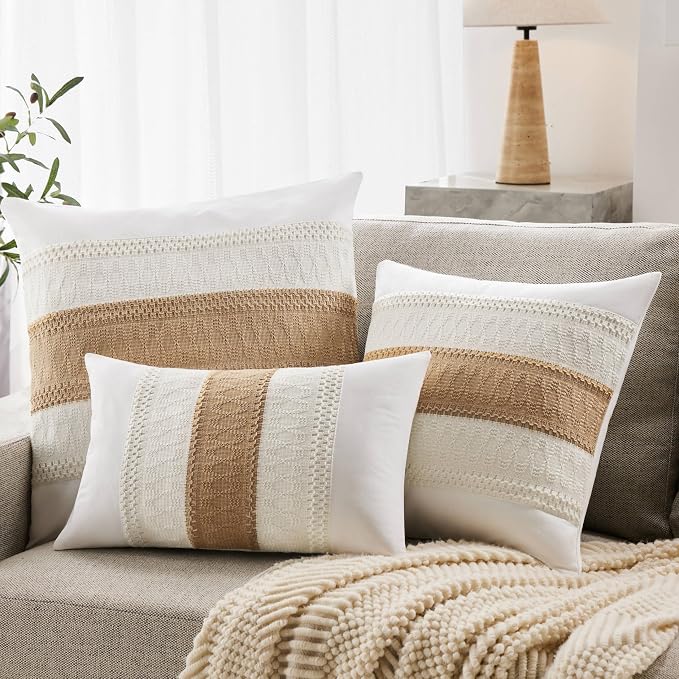 2pk Boho Pillow Covers 18x18, Natural White/Contrast/Brown | 100% Organic Cotton Body, Stripe Embroidery, Farmhouse Decorative Cushion Covers for Sofa Bed Living Room Home Decor