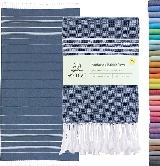 WETCAT Turkish Beach Towel Oversized (38"x71") 100% Turkish Cotton, Made in Turkey - Sand Free, Extra Large, Ultra Soft, Quick Drying, Compact & Lightweight for Travel - Dark Blue