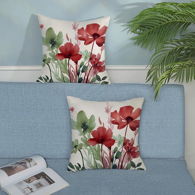 Floral Pillow Covers 18x18 Inches Set of 2 Sage Green Burgundy Red Floral Throw Pillow Covers Outdoor Rustic Summer Flower Decor Pillowcase Farmhouse Decorative Cushion Cover for Home Sofa