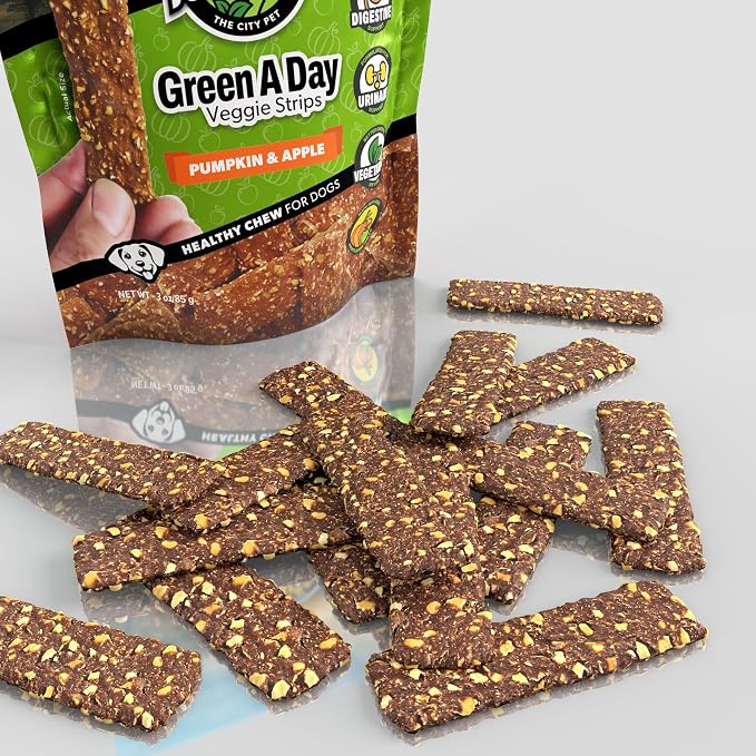 Green A Day Veggie Strips for Dogs | Pumpkin & Apple Vegetarian Dog Chews | Daily Wellness Treats with Fruits & Vegetables | 4 Pack, 3 oz Bags
