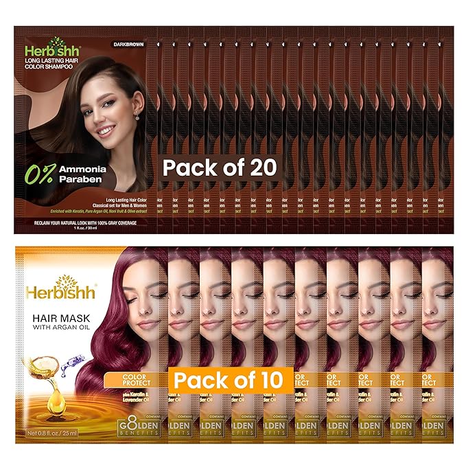 Herbishh Hair Color Shampoo for Gray Hair – Natural Ammonia-Free Hair Dye with Argan Hair Mask – Long Lasting Dark Brown Coverage – Easy to Use Travel Pack – 20 Color Shampoo Pouches + 10 Hair Masks