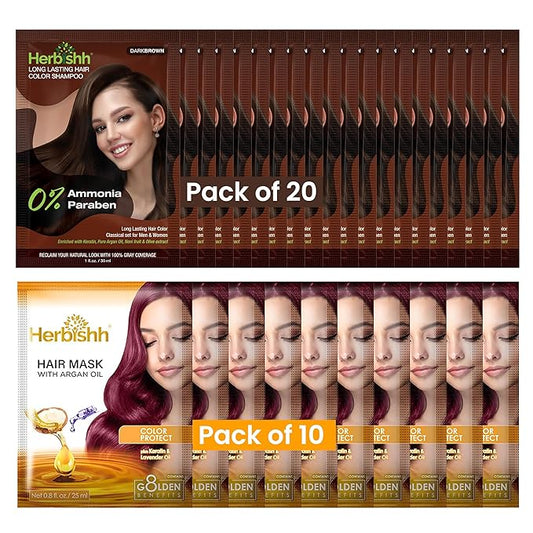 Herbishh Hair Color Shampoo for Gray Hair – Natural Ammonia-Free Hair Dye with Argan Hair Mask – Long Lasting Dark Brown Coverage – Easy to Use Travel Pack – 20 Color Shampoo Pouches + 10 Hair Masks