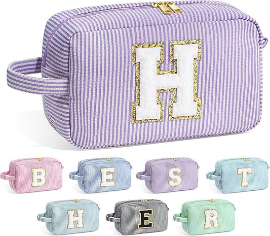 YOOLIFE Initial Makeup Bag - Personalized Monogram Cute Makeup Bag Cosmetic Travel Toiletry Pouch Make Up Case for Women Mom Best Friend Friendship Sister Teacher, Birthday Gifts for Women Her H