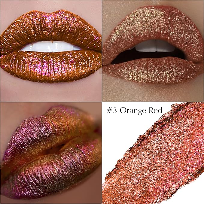 Red Orange Lipstick Glitter Makeup, Holographic Metallic Lip Stick Long Lasting Lightweight Non-Sticky Hydrating Lip Tinted Full Coverage Shimmer Chameleon Lipstick for Women