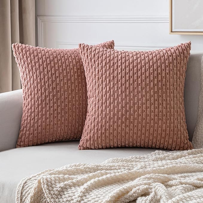 MIULEE Decorative Throw Pillow Covers 16x16 Blush Pink Textured Corduroy | Pack of 2 Striped Pillow Covers Modern Farmhouse Home Decor for Couch Bed Sofa Living Room