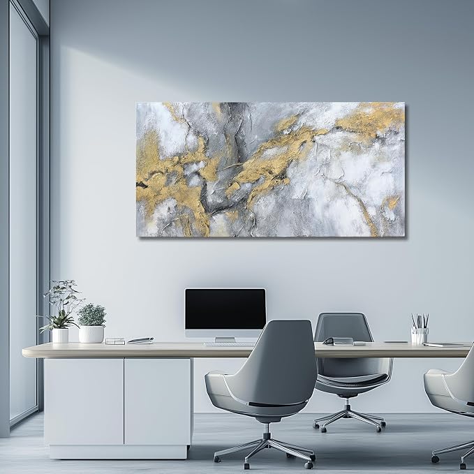 Belmrxne Abstract Wall Art for Living Room Large Grey and Gold Wall Decor Unique Canvas Painting Luxury Wall Prints Aesthetic Bedroom Hanging Artwork 29x58 Inches