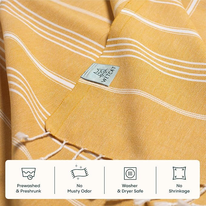 WETCAT Turkish Beach Towel Oversized (38"x71") 100% Turkish Cotton, Made in Turkey - Sand Free, Extra Large, Ultra Soft, Quick Drying, Compact & Lightweight for Travel - Honey Gold