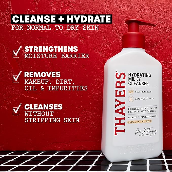 Thayers Milky Hydrating Face Cleanser with Snow Mushroom and Hyaluronic Acid, Dermatologist Recommended Gentle Facial Wash and Hydrating Skincare for Dry and Sensitive Skin, Paraben Free, 8 Fl Oz