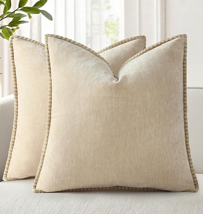 decorUhome Soft Chenille Throw Pillow Covers 20x20 Set of 2 Beige | Fall Textured Decorative Throw Pillow Cases Stitched Edge Modern Farmhouse Luxury Boho Velvet for Couch Sofa Bed Home Decor