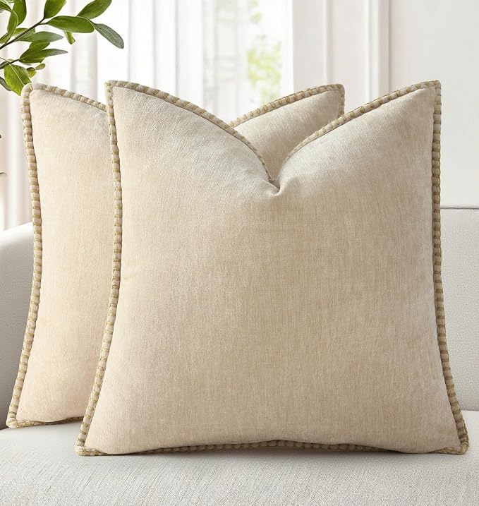 decorUhome Soft Chenille Throw Pillow Covers 24x24 Set of 2 Beige | Fall Textured Decorative Throw Pillow Cases Stitched Edge Modern Farmhouse Luxury Boho Velvet for Couch Sofa Bed Home Decor