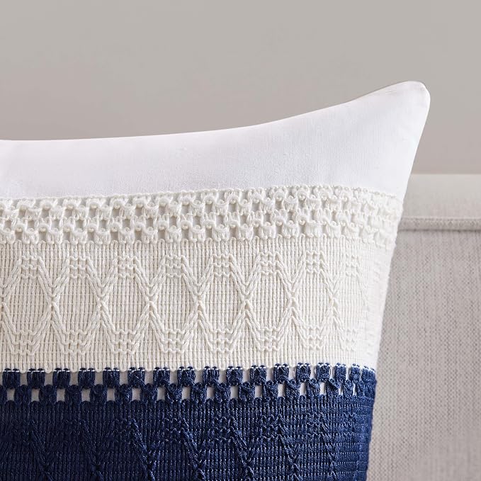 2pk Boho Pillow Covers 22x22, Natural White/Contrast/Navy Blue | 100% Organic Cotton Body, Stripe Embroidery, Farmhouse Decorative Cushion Covers for Sofa Bed Living Room Home Decor