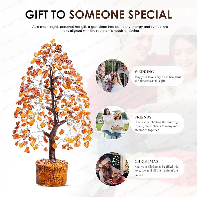 "Carnelian Chakra Tree of Life - Crystal Tree for Positive Energy, Handmade Gemstone Tree - Feng Shui Decor, Good Luck Money Tree Bonsai - Orange Healing Crystals for Sacral Chakra, Prosperity Gift"