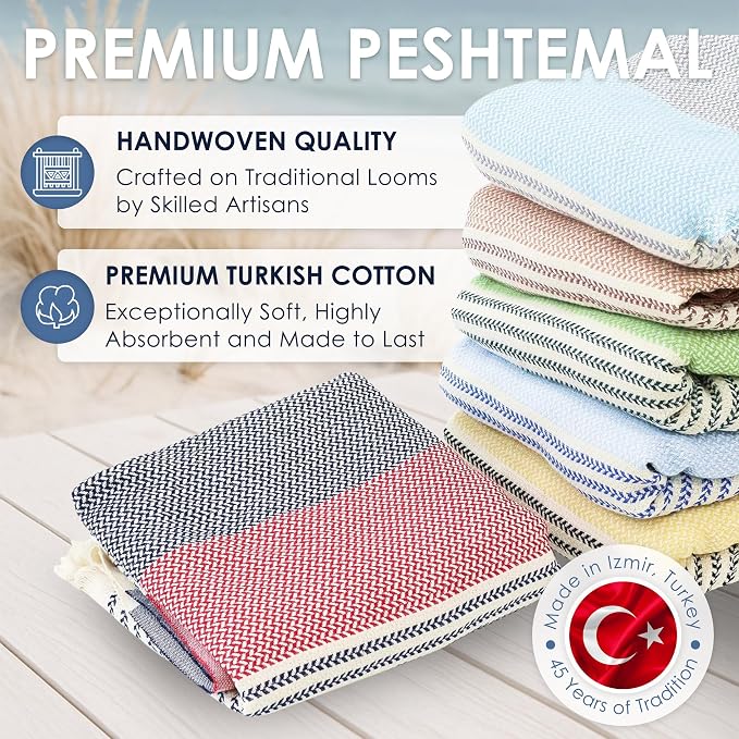 ATANI Turkish Beach Towel (71x39 Inches), Converts to a Bag, Oversized 100% Cotton Bath Towels Lightweight Quick-Dry Beach Blanket for Travel, Picnic, Camping, Yoga and Pool (Red x Navy Blue)