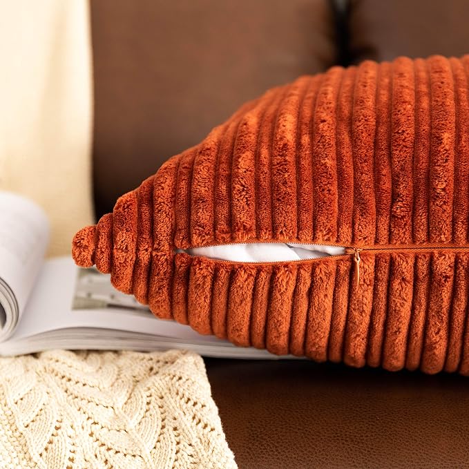 UGASA Fall Pack of 2 Velvet Pillow Covers Striped, Soft Textured Throw Cushion Case Set Corduroy Lumbar Pillowcases with Hidden Zipper for Home Decor Indoor Outdoor (12"x20", Burnt Brick)