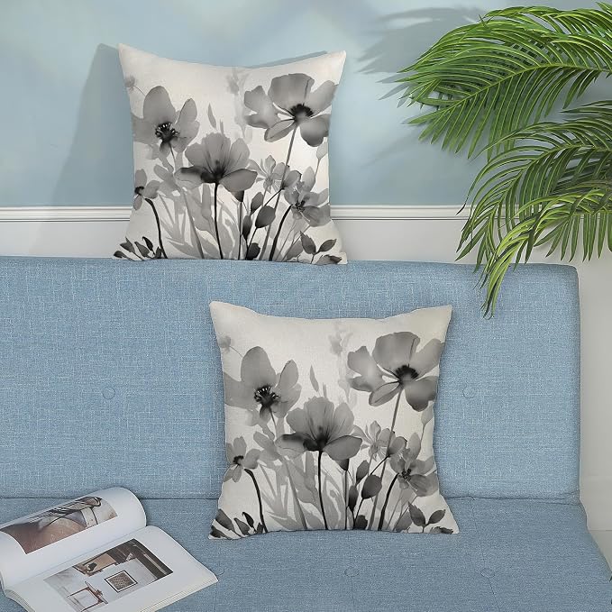 Spring Floral Pillow Covers 18x18 Inches Set of 2,Gray Floral Throw Pillow Covers Outdoor Summer Flower Decoration Pillowcase Farmhouse Decorative Square Linen Cushion Cover For Home Couch Sofa