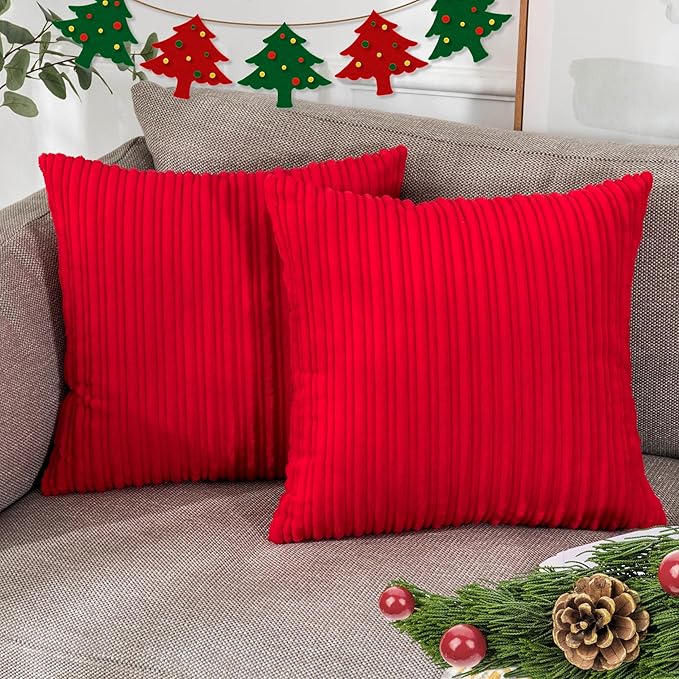 UGASA Valentines Corduroy Striped Soft Soild Decorative Square Throw Pillow Covers Set Cushion Cases Pillowcases for Sofa Bedroom, 2 Pcs, 26x26inch, Red