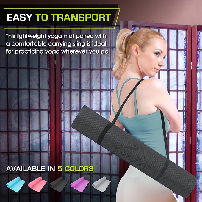 ProsourceFit Original Yoga Exercise Mat 1/4” (6mm) Thick for Comfort and Stability with Carrying Straps, Non Slip –Multiple Colors