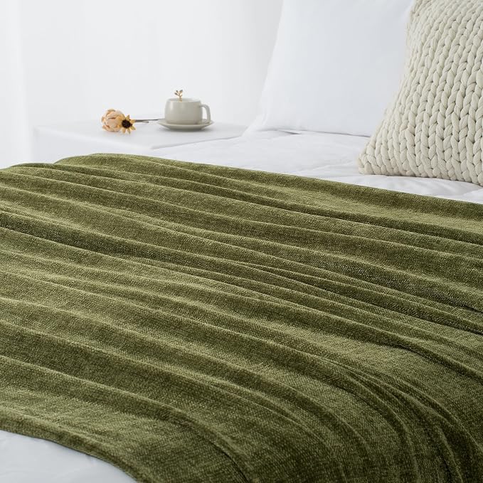 Chenille Throw Blanket for Couch 60" x 80" Twin, Olive Green | Soft Cozy Throws with Fringe Tassel, for Living Room Bed Sofa Chair Cover, Lightweight Knitted Boho Blankets Christmas Decor