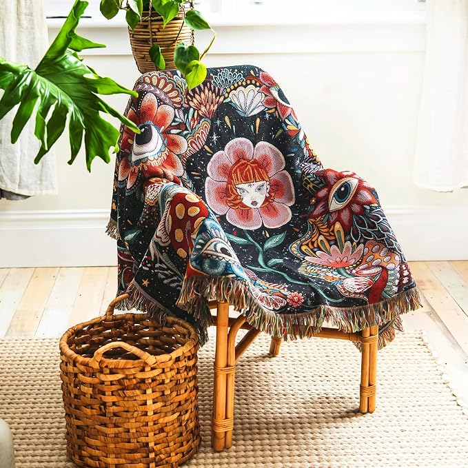 Hippie Flower Cotton Woven Boho Throw Blanket for Couch Bed Chair Lounge Hippie Room Decor Reversible Whimsical Throw Blanket Witchy Room Decor Throws Bed Spread Outdoor Camping Blankets 51x59 Inches