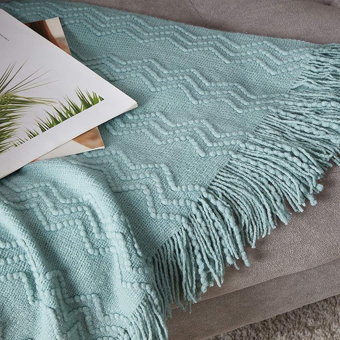 BOURINA Aqua Throw Blanket 50x60 Inch Boho Knitted Soft Throw Sofa Blanket | Knitted Throw Blanket 50x60 Inches, Soft Lightweight Boho Weave Throw Decorative Couch Blanket for Living Room Bedroom Chair