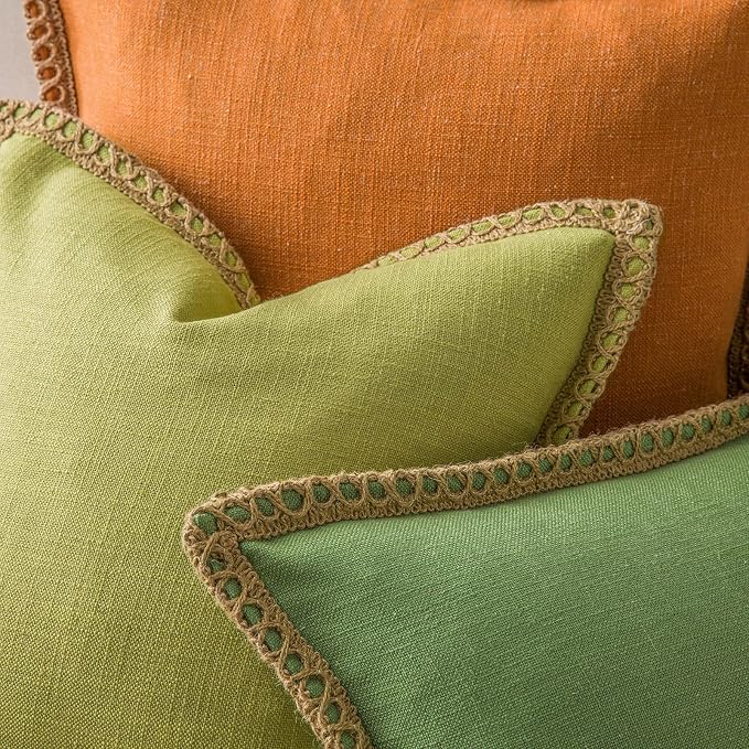 Phantoscope Pack of 2 Farmhouse Decorative Throw Pillow Covers Burlap Linen Pillow Covers Trimmed Tailored Edges Green 18 x 18 inches, 45 x 45 cm