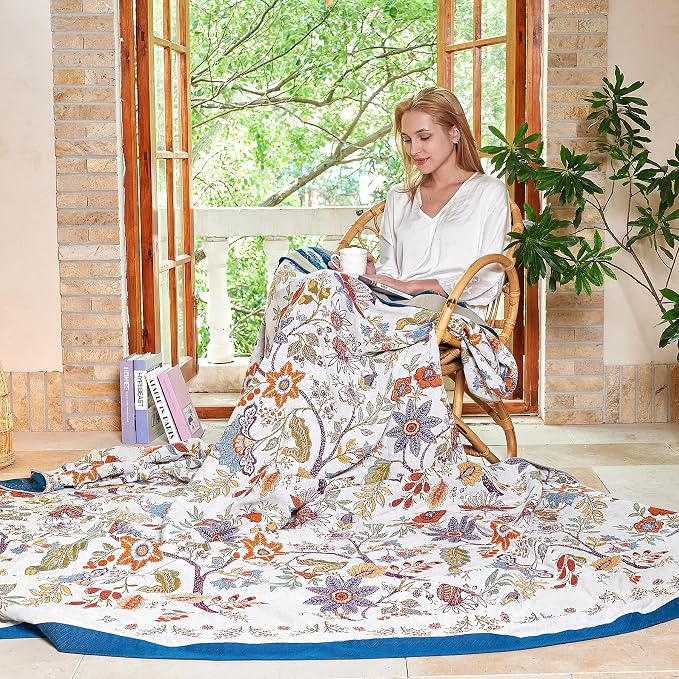 VANJOROY Boho Throw Blanket, 100% Organic Cotton Breathable Skin-Friendly Ultra Soft Bed Quilt Throw - All Season Floral Farmhouse Décor Luxury Blanket for Sofa Couch Chair and Gift. 80" x 90"