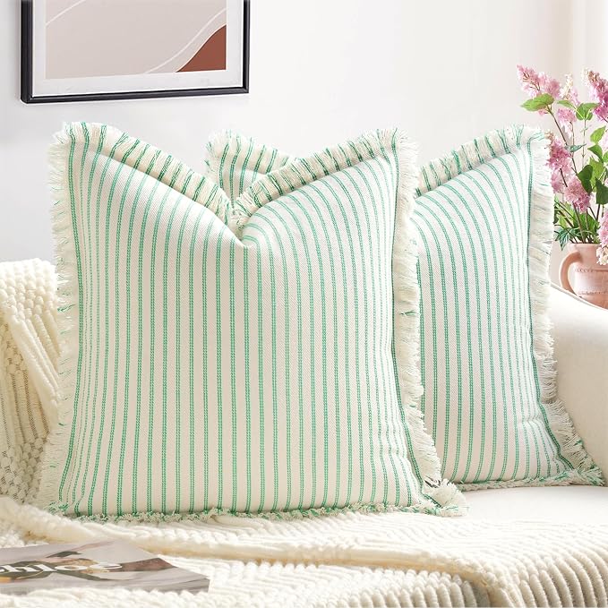 Throw Pillow Covers 18x18 Set of 2 Green Striped Pillow Covers with Fringe Chic Cotton Decorative Pillows Square Cushion Covers for Sofa Couch Bed Living Room Farmhouse Spring Decor