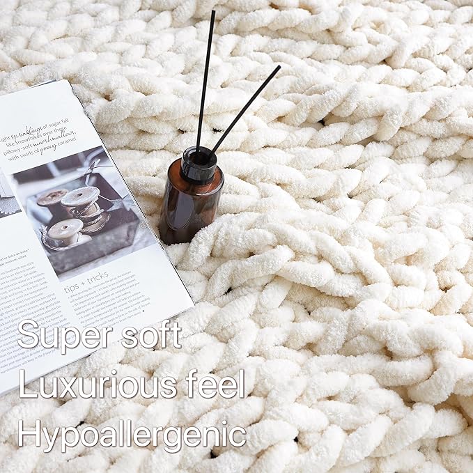 Maetoow Chenille Chunky Knit Blanket,Handmade Cozy for Home Decor,82×86,Cream