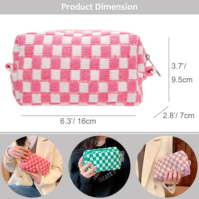 PAZIMIIK Checkered Makeup Bag for Purse Portable Zipper Make Up Pouch Small Cosmetic Case for Travel Accessories (6PCS Pink White)