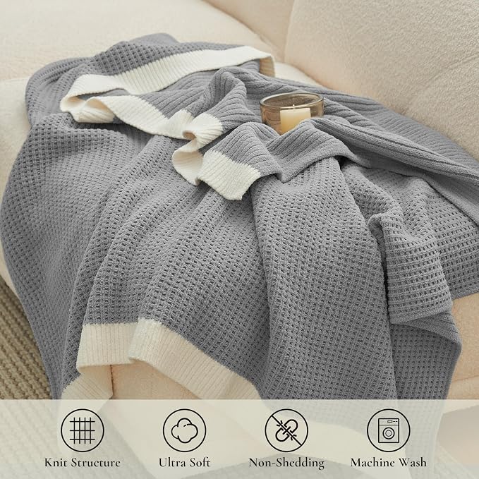 Chenille Throw Blanket, Soft Cozy Waffle Throw for Couch & Sofa, Warm Yet Lightweight, Breathable All-Season Throws for Women Men, Housewarming, Birthdays, 60"x80", Grey