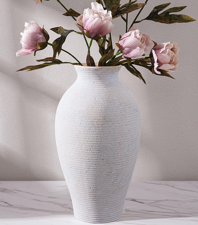 Ceramic Flower Vase Home Decor, 11 in Farmhouse Table White Vases Rustic Vintage Living Room Kitchen Bedroom Decorations Pottery Decorative Vases for House Shelf Office Coffee Desk Dining Fireplace